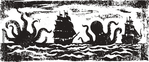vintage nautical illustration of giant octopus attacking three sailing ships in a stormy sea