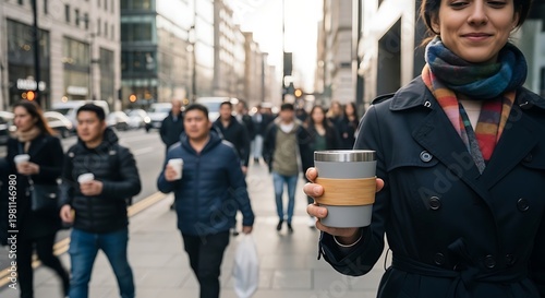 Woman Holding Coffee Cup on City Street candid authentic real life diversity inclusive intergenerati