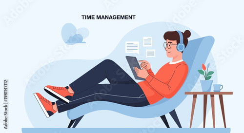 Young person relaxing while managing tasks on tablet, time management concept