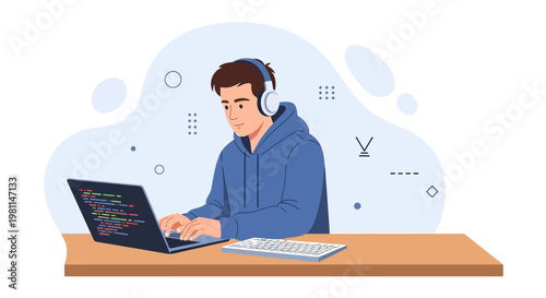 Young programmer with headphones coding on laptop at desk, focused on screen