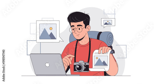 Young photographer with laptop and camera, editing travel photos, digital nomad concept