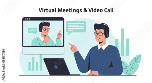 Virtual Meetings & Video Call: Man in Video Conference with Laptop and Charts