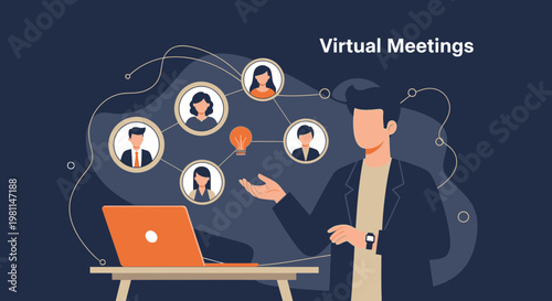 Virtual Meetings Concept: Man with Laptop Connecting People Online