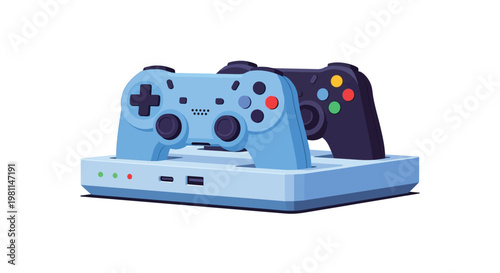 A colorful illustration of two gaming controllers on a charging station
