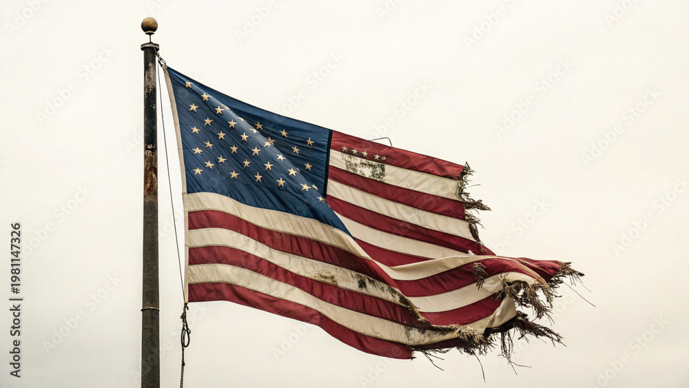 Naklejka premium Tattered american flag waving on pole