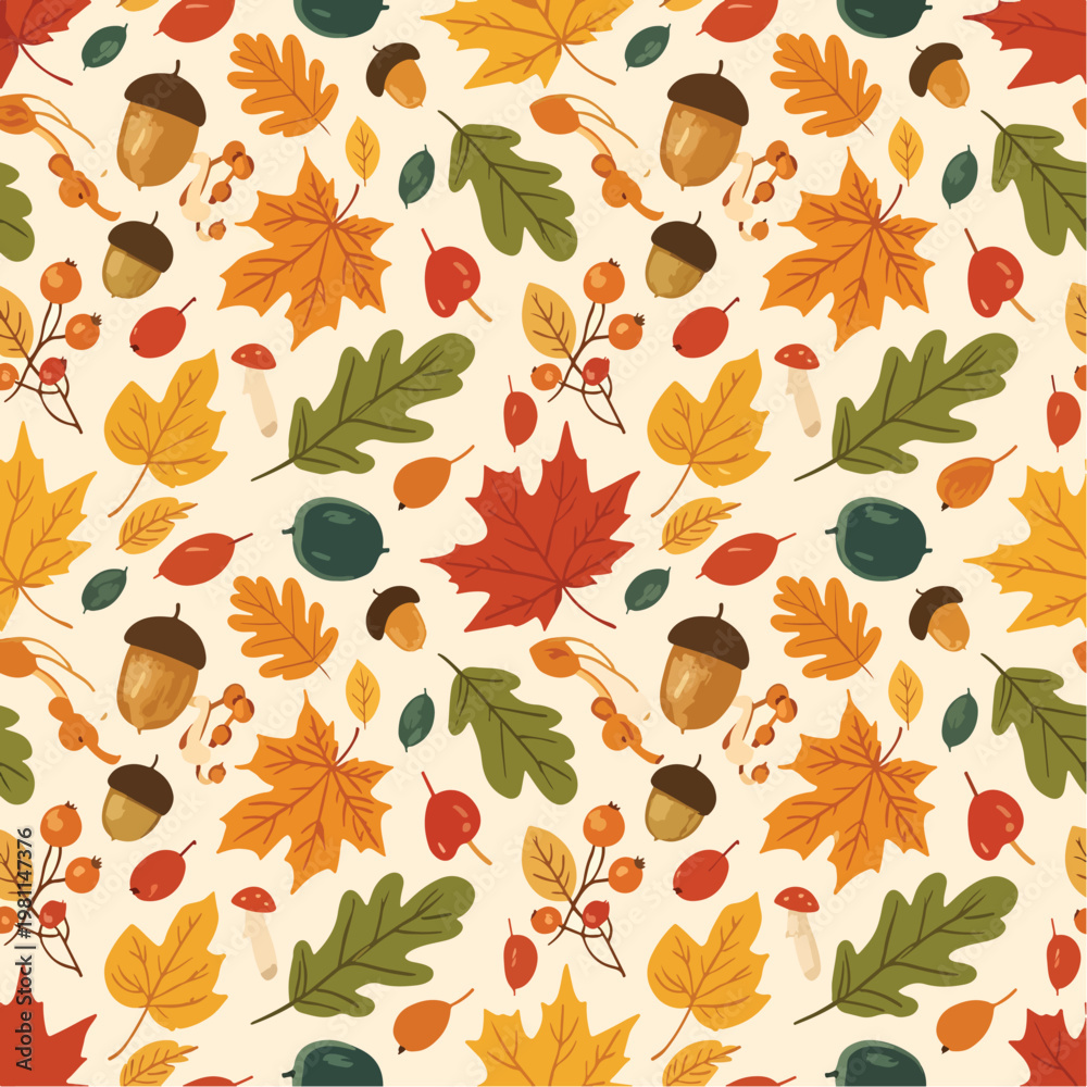 Fototapeta premium Colorful autumn pattern with leaves, acorns, berries, and mushrooms on a light beige background.