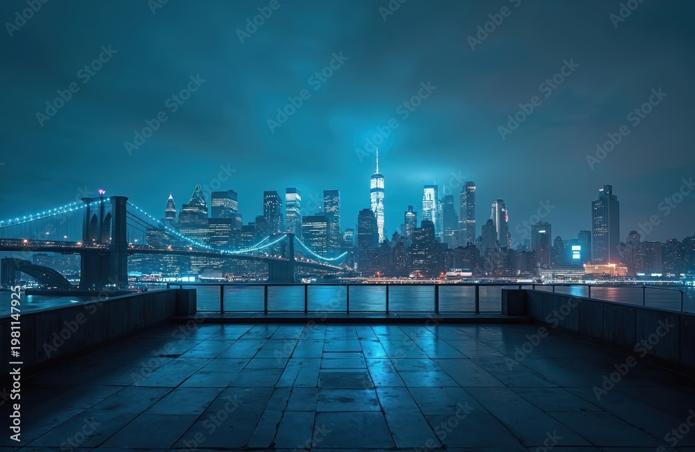 Obraz premium Empty rooftop terrace overlooks illuminated New York City skyline at night. Brooklyn Bridge glows with bright blue lights over river. Modern skyscrapers stretch across the dark horizon.