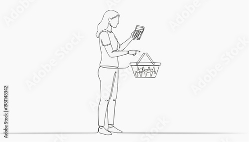 A woman calculating the costs of grocery items, holding a basket