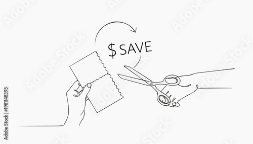 Hands using scissors to cut a coupon, with dollar save sign