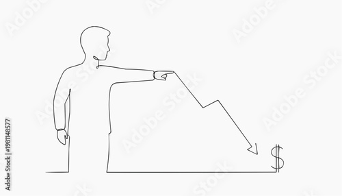 A man is pointing at a downward-sloping line that ends with a dollar sign. The illustration may represent a financial decline or loss
