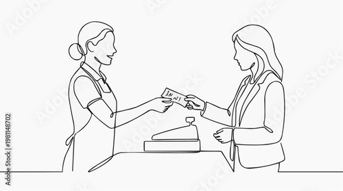 A line drawing of a cashier giving money to the customer. A cash register sits on the counter