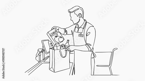A cashier packaging groceries at a supermarket checkout