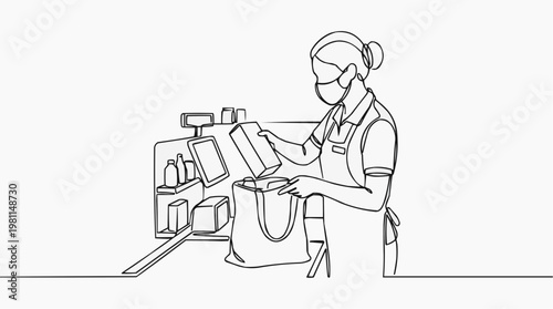 Cashier in a protective mask packing groceries in a shopping bag during the pandemic era
