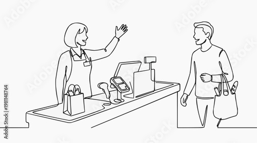 A checkout scene illustrating interaction between customer and cashier. The cashier greets the customer with a friendly gesture and the customer smiles back