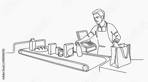 Checkout line at grocery store with person bagging items on a moving belt