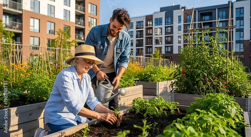 Elderly Woman and Young Man Gardening candid authentic real life diversity inclusive intergeneration