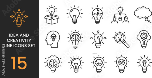 Creative Idea Lightbulb Icon Set – Thin Line Editable Stroke Icons for Innovation, Brainstorming, Design Thinking, Inspiration and Problem Solving Concepts