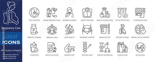 Set of icons for Pregnancy Care. Editable stroke. Vector illustration