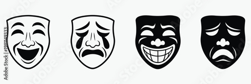 Theater mask icon set, happy and sad masquerade mask symbols in line, outline, and flat styles, isolated on transparent background for drama, theater, apps, and websites.
