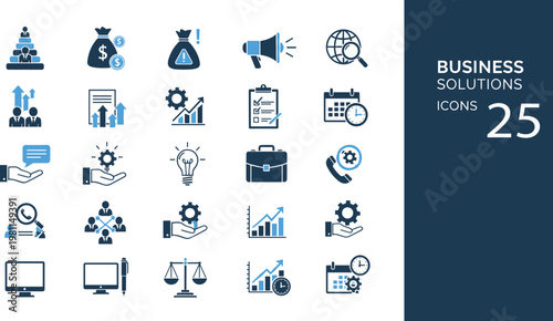 Business solutions line icon set minimal outline vector strategy management analytics editable UI corporate design pack