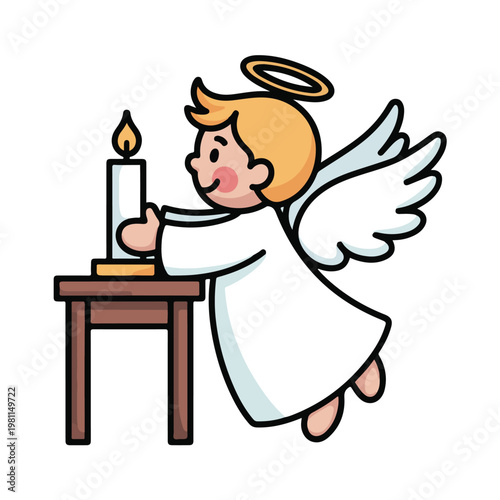 A cartoon angel lighting a candle on a small wooden table indoors