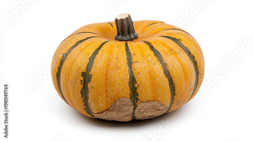 Vibrant orange pumpkin with distinct green stripes, showcasing its natural texture and shape, perfect for autumn decorations