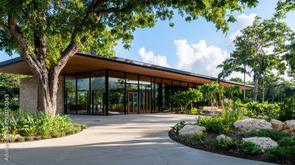 Obraz premium Modern architecture design featuring spacious building surrounded by lush greenery and tropical plants, creating serene atmosphere