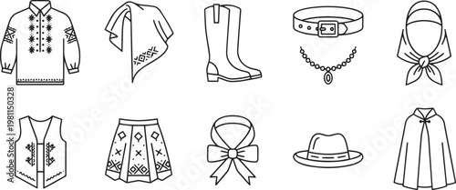 Traditional Folk Clothing and Accessories Icon Set Featuring Embroidered Shirt, Ethnic Vest, Skirt, Boots, Hat, and Jewelry Line Art