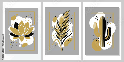 Set of 3 Botanical Gold Abstract Wall Art Triptych Modern Decor