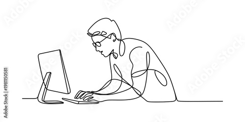 A continuous line drawing of a person sitting at a desk and working on a computer screen setup. Vector, illustration