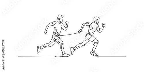Continuous line drawing of two male athletes running together while connected by a resistance cord Vector, illustration