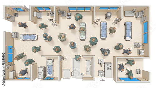 Top View Hospital Emergency Room Activity Architectural CAD Human Vector Set, Isolated Elements Illustration, Clean White Background