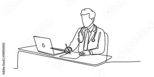 A continuous line drawing of a male doctor sitting at a desk and writing on a medical document. Vector, illustration