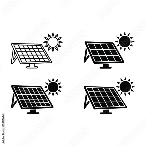 Solar Panel Icon Set Featuring Renewable Energy Technology Symbols with Sun for Sustainable Power