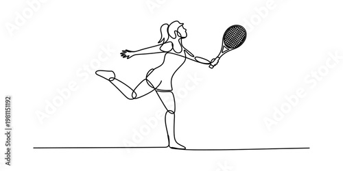 Continuous single line drawing of a female tennis player performing an active forehand swing shot. Vector, illustration