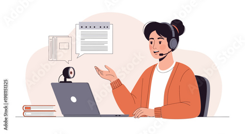 Woman with headset and laptop, online learning, remote work, video call, education concept