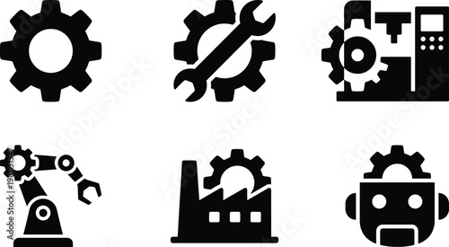 Industrial icons set gears wrenches robotics and factory elements in a minimalist black silhouette style