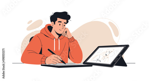 Young artist drawing on tablet, creative process, digital art, modern workspace