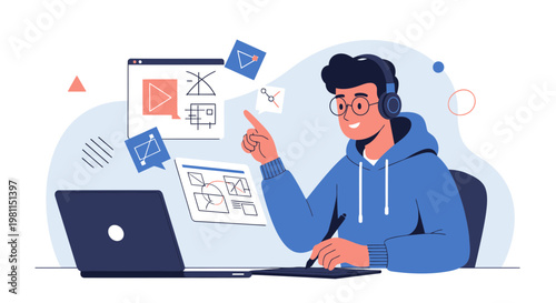 Young designer working on laptop with headphones, graphic design elements floating around