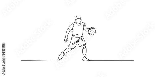 Minimalist continuous line drawing of a basketball player dribbling a ball on a white background Vector, illustration