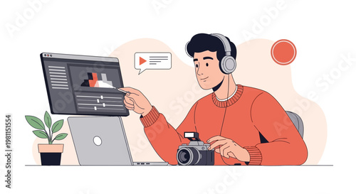 Young man editing video on laptop with camera and headphones, creative workspace