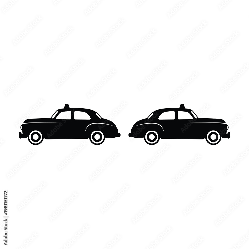 Fototapeta premium Two Vintage Black Taxi Cab Silhouettes Isolated on a Plain White Background for Design Projects