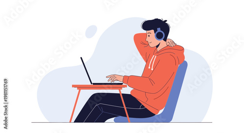 Young man wearing headphones, working on a laptop, relaxed pose, orange hoodie, blue chair