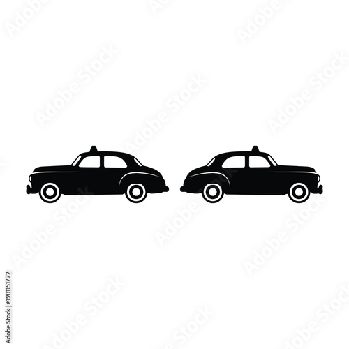 Two Vintage Black Taxi Cab Silhouettes Isolated on a Plain White Background for Design Projects