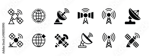 Satellite and telecom vector icons, collection of wireless communication symbols including satellite dishes, transmission towers, and orbiting satellites, ideal for technology and networking design