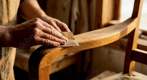 Close up of carpenter hands sanding a wooden chair armrest with sandpaper