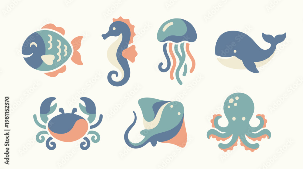 Fototapeta premium Sea creatures illustration set.