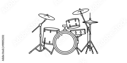 A simple black and white line art illustration of a professional acoustic drum kit set for music Vector, illustration