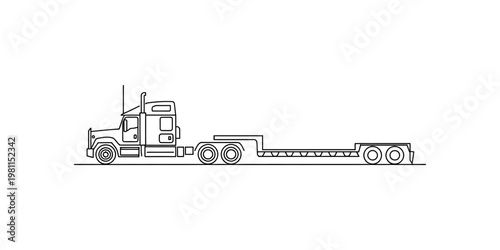 A simple black and white line drawing of a semi truck with a flatbed trailer on a flat surface. Vector, illustration