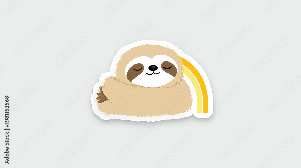 Fototapeta premium Cute sloth sticker featuring sloth sleeping peacefully with rainbow. Perfect for adding touch of whimsy and relaxation to any space